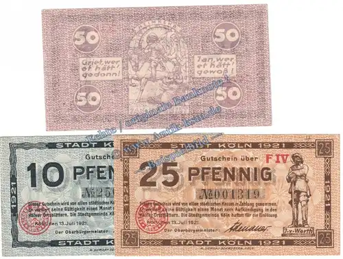 Köln , Notgeld Set mit 3 Scheinen -Heimkehr- in kfr. Tieste 3565.105.80-82 , Rheinland 1921 Verkehrsausgabe