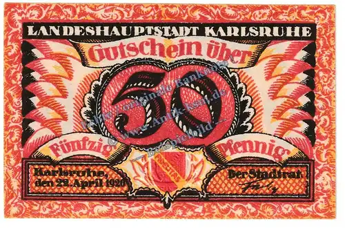 Karlsruhe , Notgeld 50 Pfennig Schein in kfr. Tieste 3395.10.01 , Baden 1920 Verkehrsausgabe