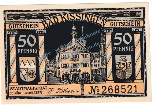 Bad Kissingen , Notgeld 50 Pfennig Schein in kfr. Tieste 3505.05.35 , Bayern 1920 Verkehrsausgabe