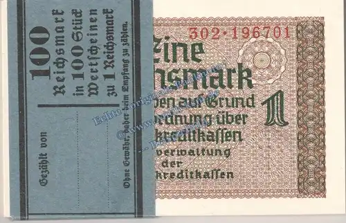 1 Bündel - 100 Scheine , 1 Mark Scheine in kfr. ZWK-2, Ros.551, R.136 , deutsche Besatzungsausgabe WW2