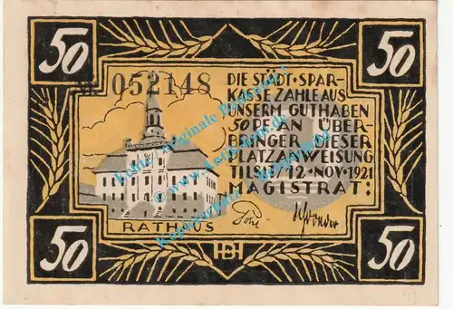 Tilsit , Notgeld 50 Pfennig --No vor KN-- in kfr. M-G 1324.1.c , Ostpreussen 1921 Seriennotgeld