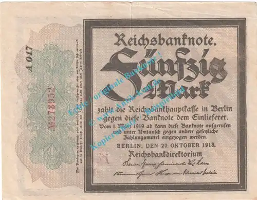 Banknote , 50 Mark Schein in gbr. DEU-44.e, Ros.56, P.64, Kaiserreich - deutsche Reichsbank -b