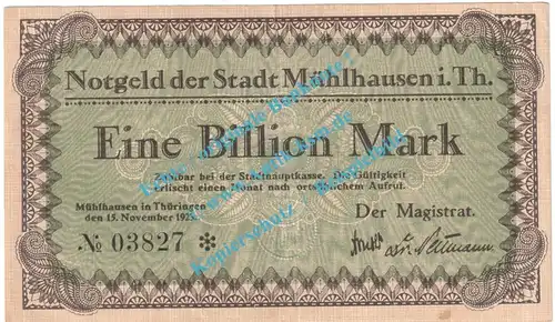 Mühlhausen , Notgeld 1 BILLION Mark Schein in L-gbr. Keller 3621.f , Thüringen 1923 Grossnotgeld Inflation