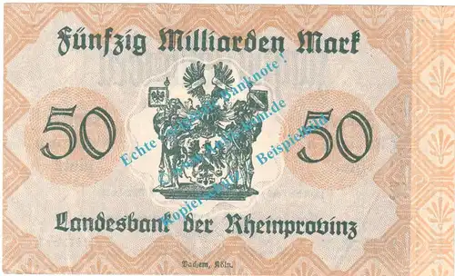 Düsseldorf , Notgeld 50 Milliarden Mark Schein in kfr. Keller 1166.bb , Rheinland 1923 Grossnotgeld Inflation