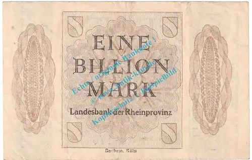 Düsseldorf , Notgeld 1 Billion Mark Schein in gbr. Keller 1166.cc , Rheinland 1923 Grossnotgeld Inflation