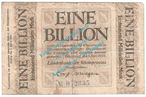 Düsseldorf , Notgeld 1 Billion Mark Schein in gbr- Keller 1166.cc , Rheinland 1923 Grossnotgeld Inflation