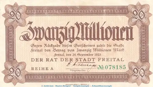 Notgeld Stadt Freital , 20 Millionen Mark Schein in kfr. Keller 1603.e von 1923 , Sachsen Inflation