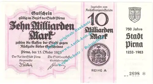 Pirna , 10 Milliarden Mark , Ausgabe zur 9. Kreismünzausstellung , Sachsen 1983