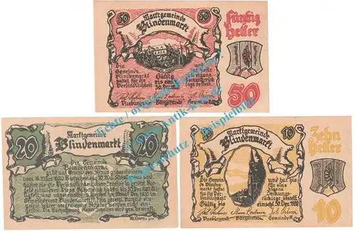 Blindenmarkt , Notgeld Set mit 3 Scheinen in kfr. K-K 93.II.a , Niederösterreich 1920