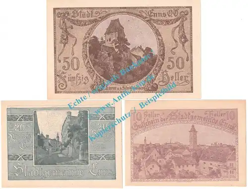 Enns , Notgeld Set mit 3 Scheinen in kfr. K-K 174.II.a , Oberösterreich o.D