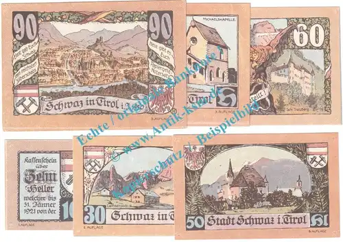 Schwaz i.T. Notgeld Set mit 6 Scheinen in kfr. K-K 983... Tirol o.D