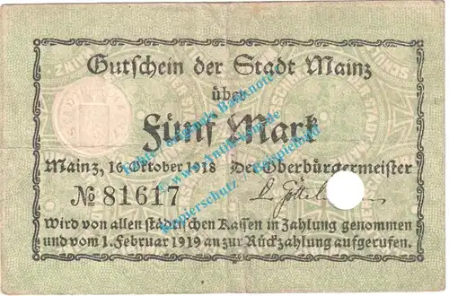 Mainz , Notgeld 5 Mark Schein in gbr. Geiger 341.01-02 Hessen 1918 Grossnotgeld