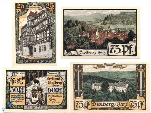 Notgeld Stadt Stolberg 1273.2 , Set mit 4 Scheinen in kfr. o.D.  Sachsen Anhalt Seriennotgeld