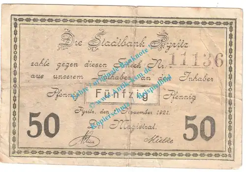 Pyritz , Notgeld 50 Pfennig Schein in gbr. M-G 1083.1.b , Pommern 1921 Seriennotgeld