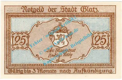 Glatz , Notgeld 25 Pfennig Schein in kfr. Tieste 2255.20.10 , Schlesien o.D. Verkehrsausgabe