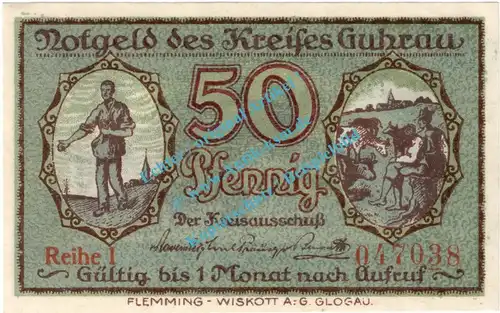 Guhrau , Notgeld 50 Pfennig Schein in kfr. Tieste 2660.05.03 , Schlesien o.D. Verkehrsausgabe