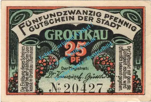 Grottkau , Notgeld 25 Pfennig Schein in kfr. Tieste 2625.05.26 , Schlesien o.D. Verkehrsausgabe