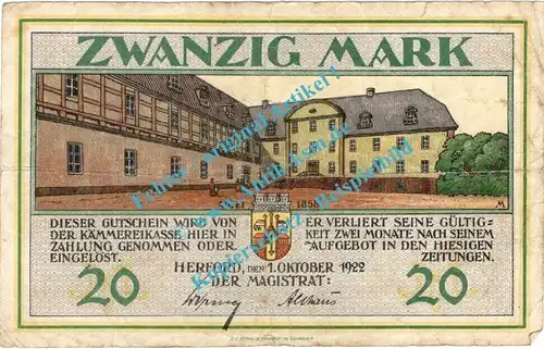 Herford , Notgeld 20 Mark Schein in gbr. Müller 2090.1.a , Westfalen 1922-23 Inflation