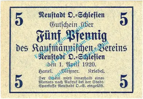 Neustadt , Notgeld 5 Pfennig Schein in kfr. Tieste 4960.15.01 , Schlesien 1920 Verkehrsausgabe