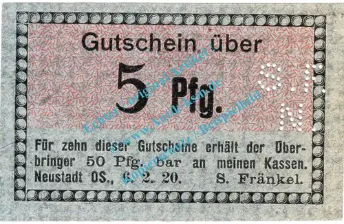 Neustadt , Notgeld 5 Pfennig Schein in kfr. Tieste 4960.10.70 , Schlesien 1920 Verkehrsausgabe