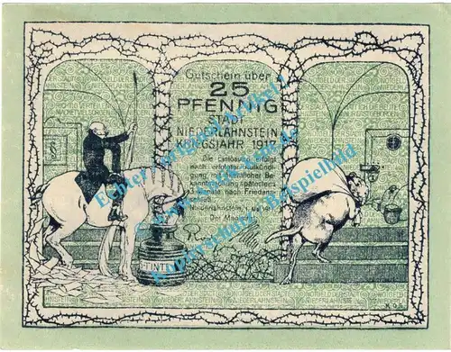 Niederlahnstein , Notgeld 25 Pfennig Schein in kfr. Tieste 5050.05.01 , Hessen 1917 Verkehrsausgabe