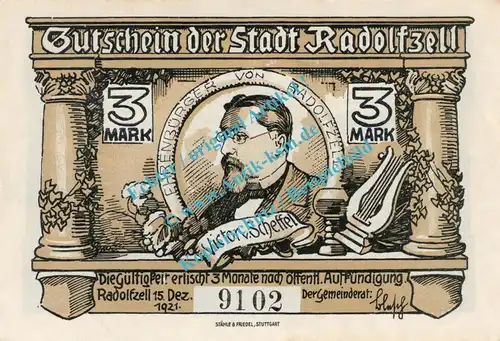 Radolfzell , Notgeld 3 Mark Schein in kfr- M-G 1093.1 , Baden Württemberg 1921 Seriennotgeld