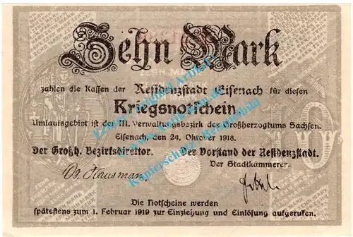Eisenach , Notgeld 10 Mark Schein in kfr.E Geiger 121.02 , Thüringen 1918 Grossnotgeld