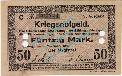 Elbing , Notgeld 50 Mark Schein in gbr.E Geiger 126.18.a , Westpreussen 1918 Grossnotgeld