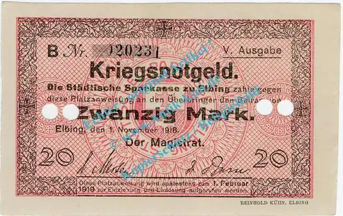 Elbing , Notgeld 20 Mark Schein in kfr.E Geiger 126.17.c , Westpreussen 1918 Grossnotgeld