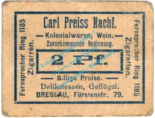 Breslau , Notgeld 2 Pfennig Schein in gbr. Tieste 0915.105.02 , Schlesien o.D. Verkehrsausgabe