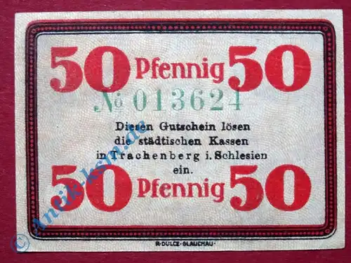 Notgeld Trachenberg , Einzelschein über 50 Pfennig , Tieste 7390.06 , von 1919 , Schlesien Verkehrsausgabe