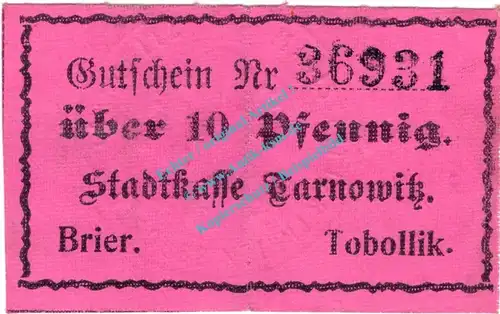 Tarnowitz , Notgeld 10 Pfennig -Leinen- in gbr. Tieste 7285.25.10 , Oberschlesien o.D. Verkehrsausgabe