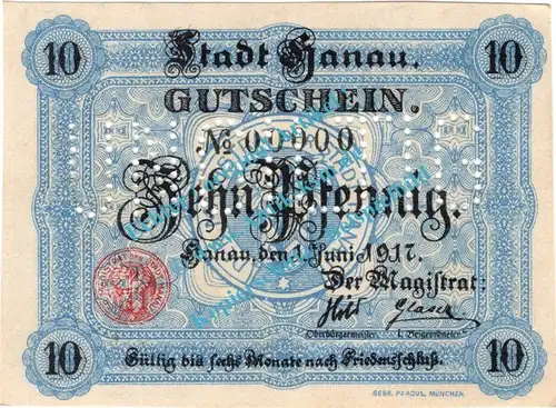 Hanau , Notgeld 10 Pfennig MUSTER Schein in kfr. Tieste 2790.05.M.. Hessen 1917 Verkehrsausgabe