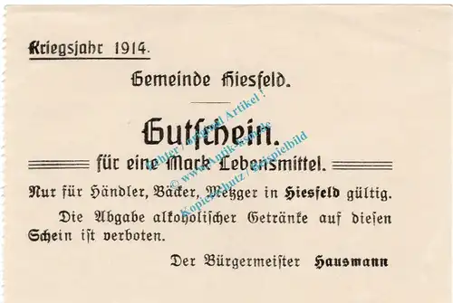 Hiesfeld , Notgeld 1 Mark Schein in kfr. Diessner 151.1.c , Rheinland o.D. Notgeld 1914-15