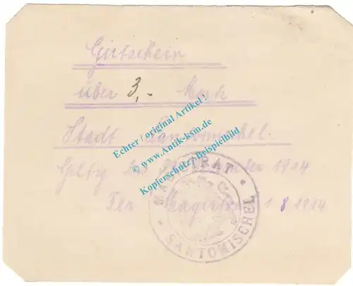 Santomischel , Notgeld 3 Mark Schein in kfr. Diessner 348.8.d , Posen 1914 Notgeld 1914-15