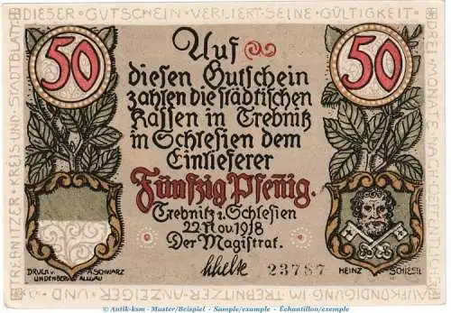 Notgeld Stadt Trebnitz , 50 Pfennig Schein in kfr. Tieste 7400.15.16 von 1918 , Schlesien Verkehrsausgabe