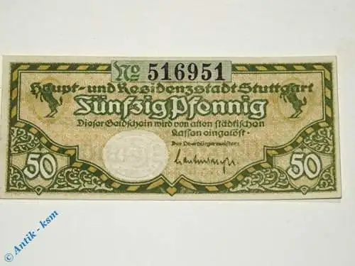 Stuttgart , Notgeld 50 Pfennig Schein in L-gbr. Tieste 7220.20.10 , Württemberg o.D. Verkehrsausgabe