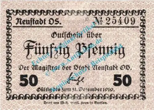 Neustadt OS. Notgeld 50 Pfennig Schein in kfr. Tieste 4960.20.06 , Oberschlesien o.D. Verkehrsausgabe