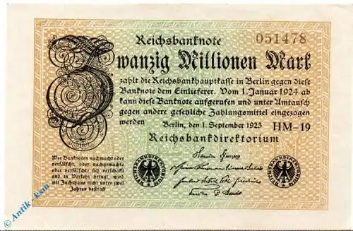 Reichsbanknote , 20 Millionen Mark , Wz Wellen , DEU-121 b , Rosenberg 107 , P 108 , vom 01.09.1923 , Inflation