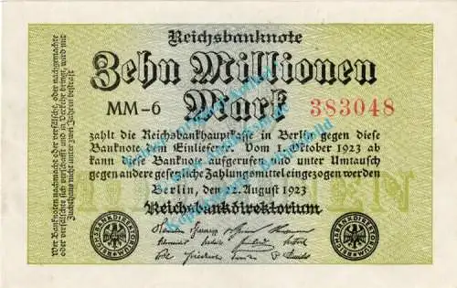 Banknote , 10 Millionen Mark -Wellen- in kfr. DEU-118.d, Ros.105, P.106, Weimarer Republik 1923 Inflation