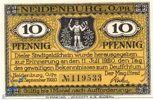 Notgeld Neidenburg , 10 Pfennig Schein , gelb , Mehl Grabowski 932.2 , von 1920 , Ostpreussen Serien Notgeld