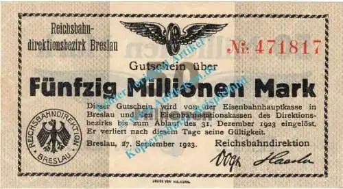 Breslau , Notgeld 50 Millionen Mark Schein in kfr. Keller 603.c. , Schlesien 1923 Inflation