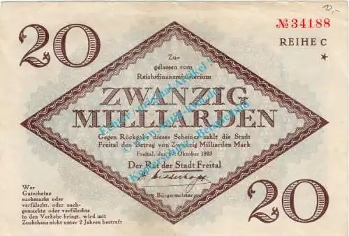 Freital , Banknote 20 Milliarden Mark Schein in L-gbr. Keller 1603.f , Sachsen 1923 Grossnotgeld - Inflation