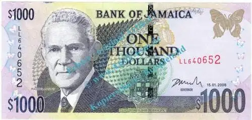 Banknote Jamaika - Jamaica , 1.000 Dollar Schein -Manley- von 2008 in unc - kfr