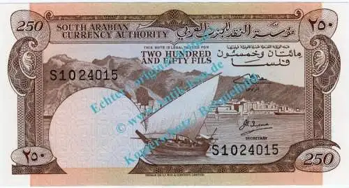 Banknote Jemen - Yemen , 250 Fils Schein -Segelschiff- von ND 1965 in unc - kfr