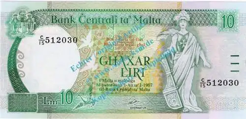 Banknote Malta , 10 Liri Schein -Tauben Li.- von 1967-1989 in unc - kfr