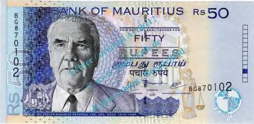 Banknote Mauritius , 50 Rupien Schein -J.M. Paturau- ND 1998 in unc - kfr