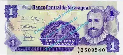 Banknote Nicaragua , 1 Centavo Schein -F.H.Cordoba- ND 1991 in unc - kfr