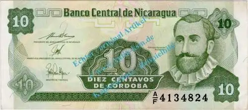 Banknote Nicaragua , 10 Centavos Schein -F.H.Cordoba- ND 1991 in unc - kfr