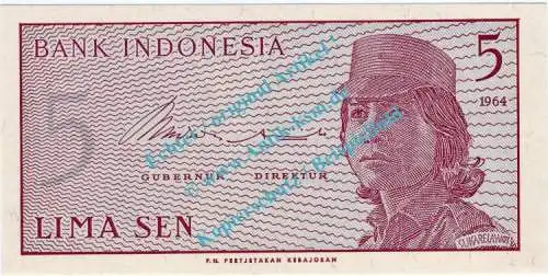 Banknote Indonesien - Indonesia , 5 Sen Schein von 1964 in unc - kfr